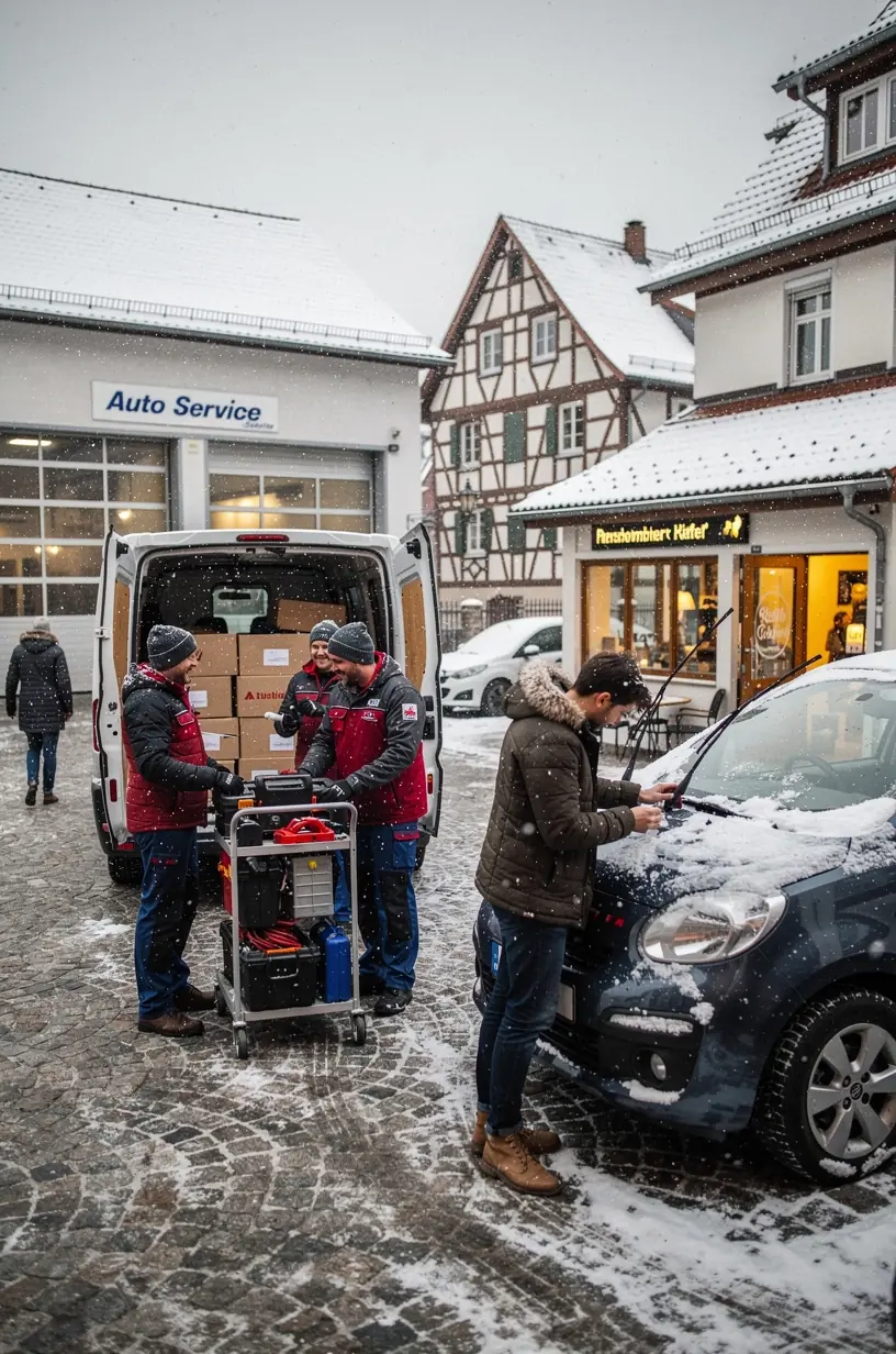Lichtanlage eines Autos wird auf optimale Sichtbarkeit und Sicherheit bei Dunkelheit kontrolliert.