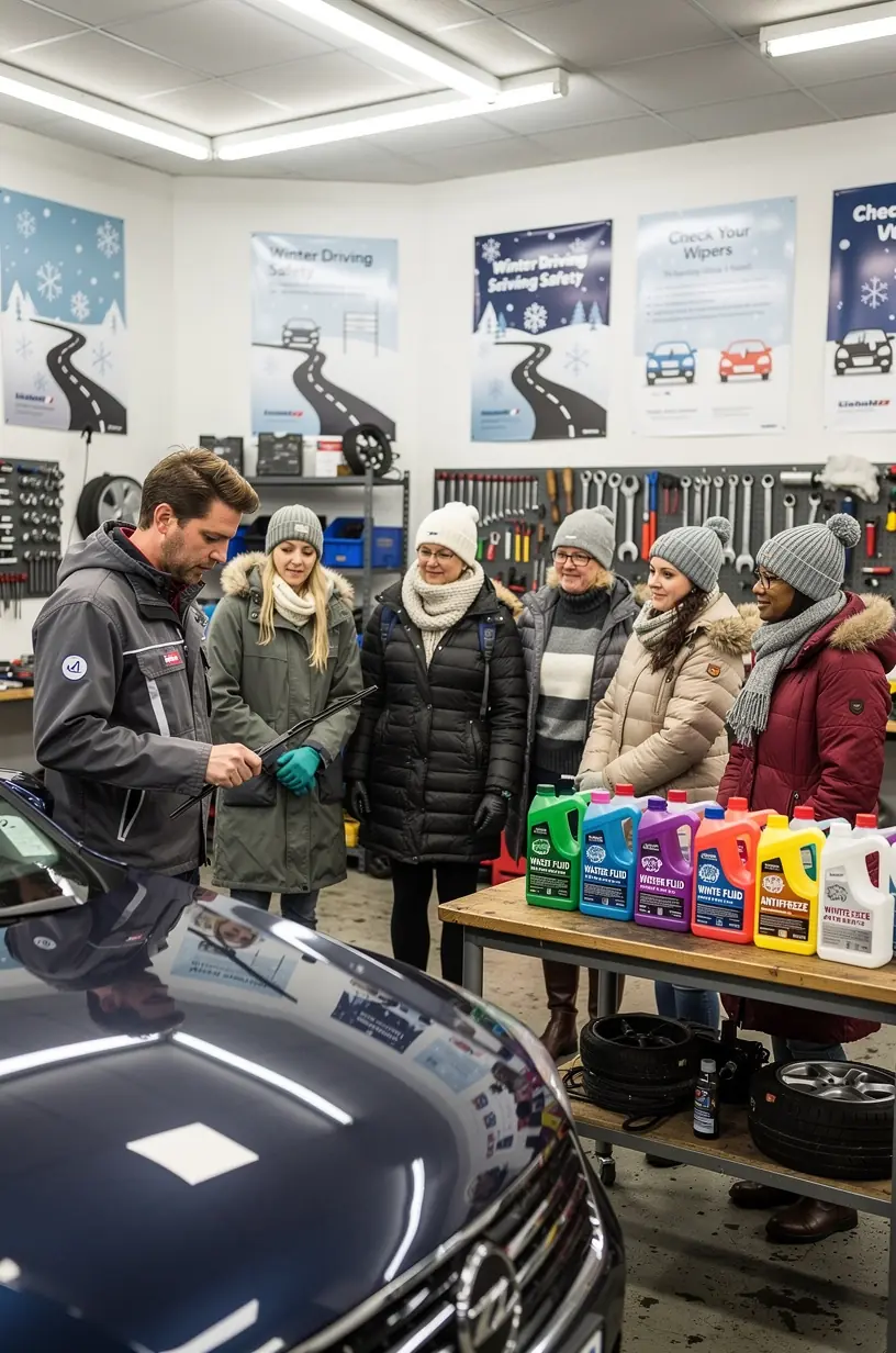 Techniker testet Autobatterie mit Diagnosegerät vor winterlicher Kälteperiode.