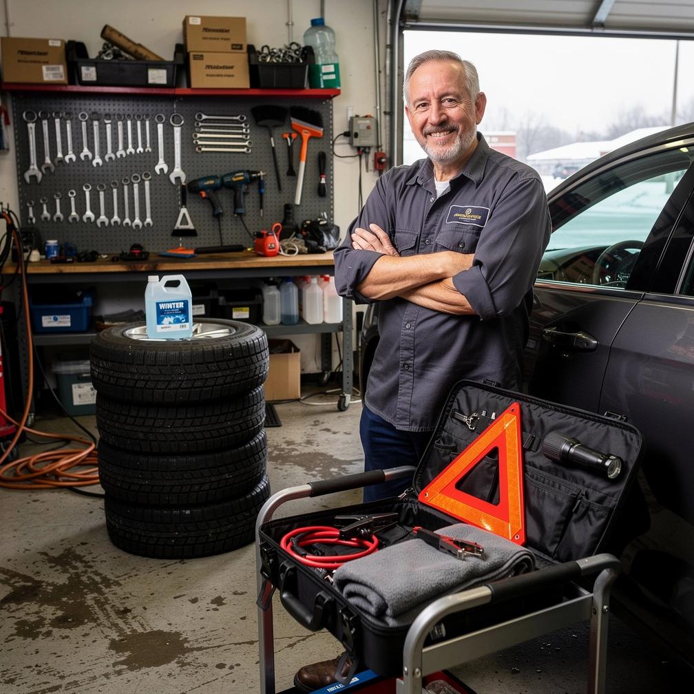 Techniker testet Autobatterie und Frostschutzmittel, um Startprobleme bei niedrigen Temperaturen zu vermeiden.