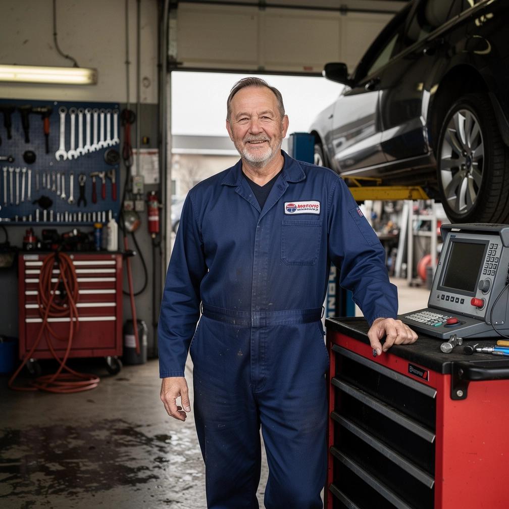 Mechaniker überprüft Winterreifen eines Fahrzeugs in einer professionellen Autowerkstatt für optimale Kältesicherheit.